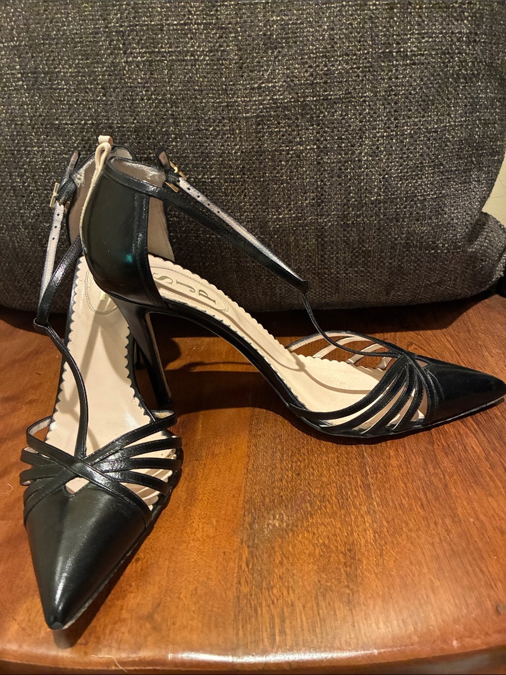 SJP by Sarah Jessica Parker Black Leather Pointed T-Strap Heels